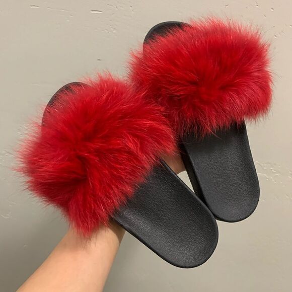 Handmade Red Fluffy Genuine Fox Fur Slippers, Soft Slide - Picture 4 of 12